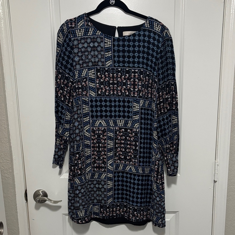 LOFT Blue and Cream Long Sleeve Dress